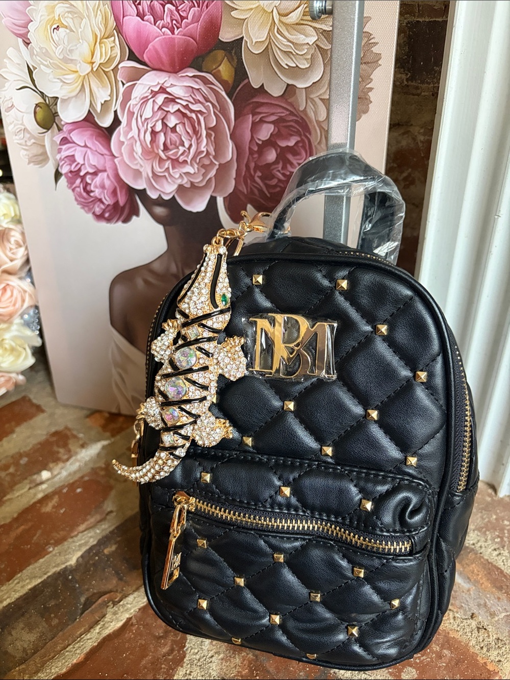 Badgley Mischka 2fer Black Quilted Mini Backpack with Gold alligator bag charm